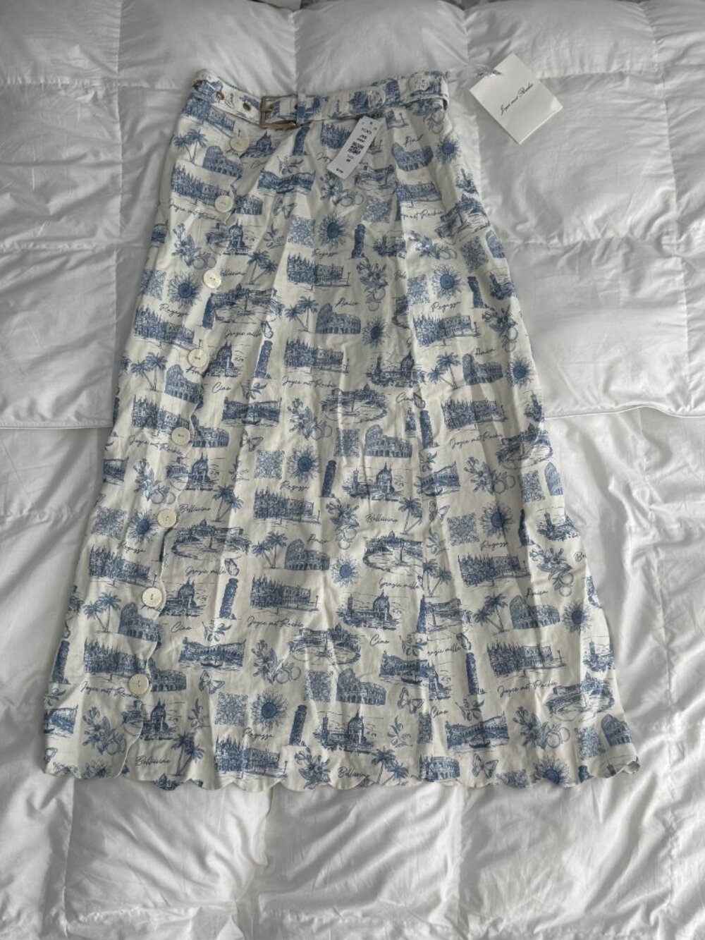 Blue & White Printed Midi Skirt